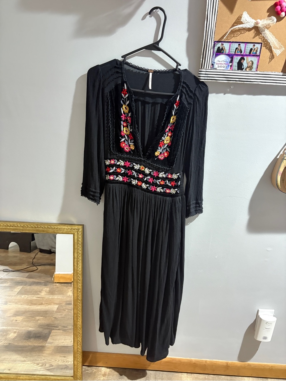 Free People Black Midi Dress with Colorful Floral Embroidery